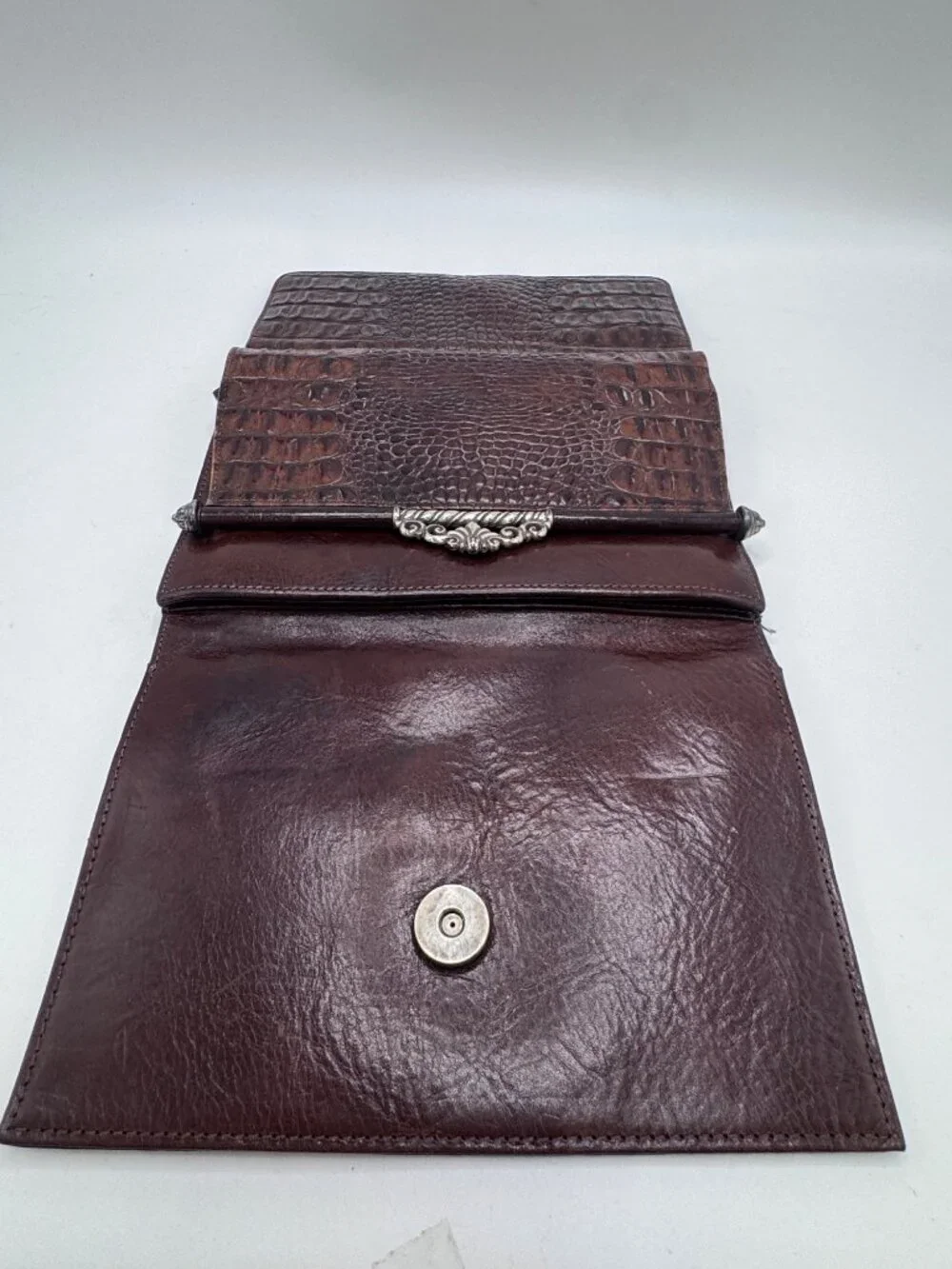 Vintage Brighton Brown Leather Crocodile Embossed Clutch Purse Wallet Silver Ton